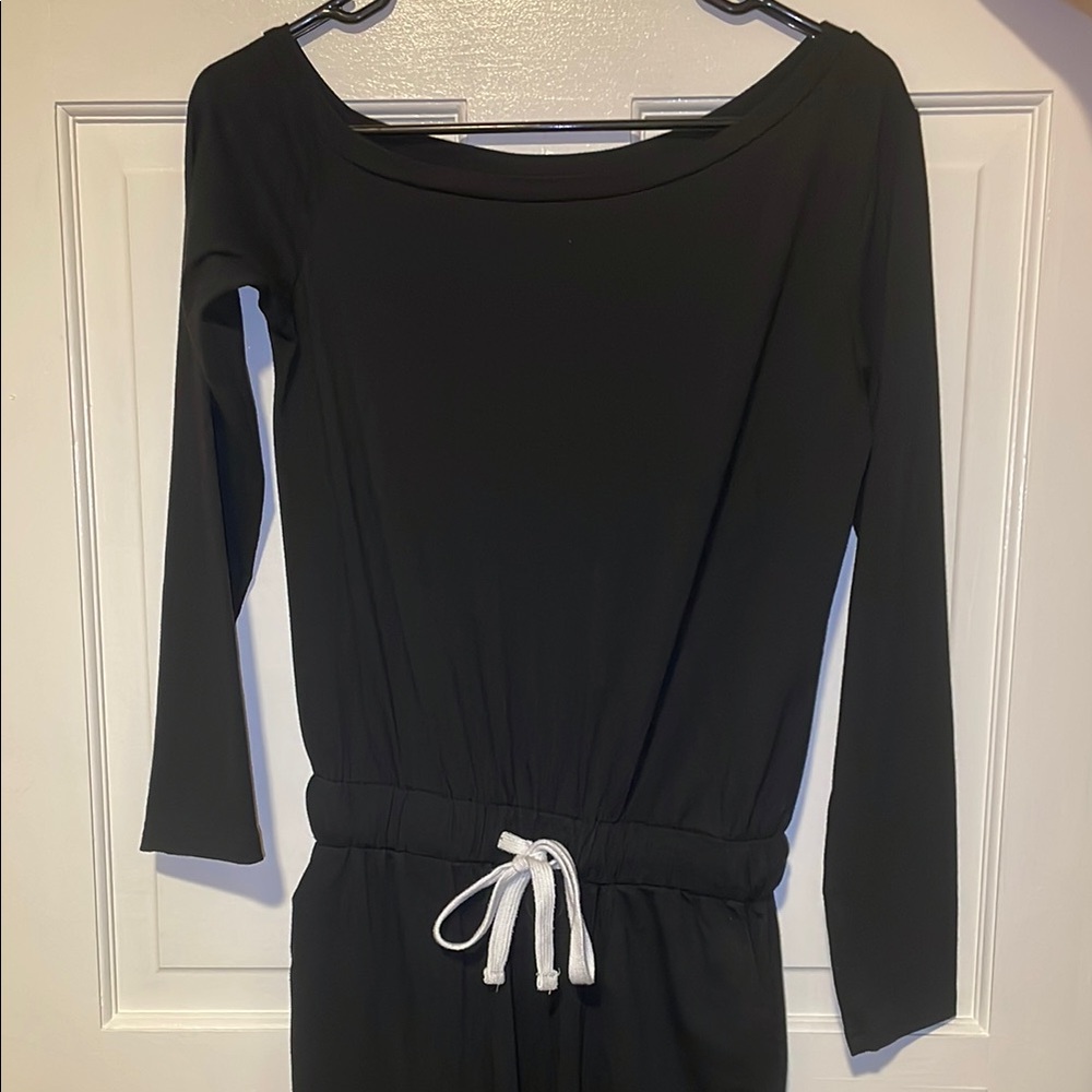 Black Long Sleeve Jumpsuit with White Drawstring